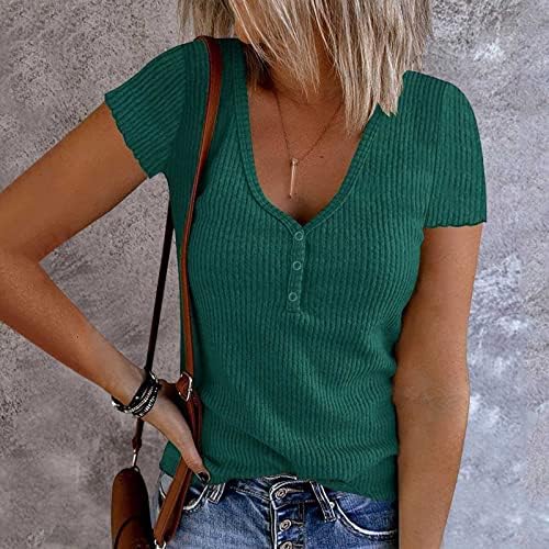 Kireç Yeşil Kısa Kollu V Boyun Nervürlü Kablo Örgü Zarif Bluz Kaşkorse T Shirt Kadın Sonbahar Yaz Tee 71 S