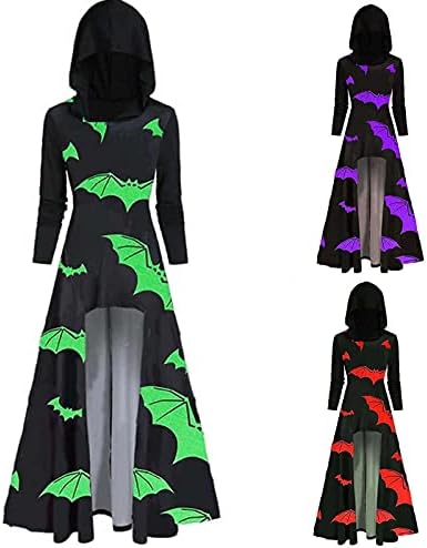 Kadınlar için cadılar bayramı Kostümleri Gotik uzun kapüşonlu elbise Yarasa Baskı Kapşonlu Yaka Yüksek Düşük Pelerin Uzun