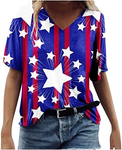 Batı Gömlek Kadınlar için Amerikan Bayrağı Baskı Üstleri V Boyun Kısa Kollu T Shirt 4th Temmuz Bağımsızlık Günü Bluzlar