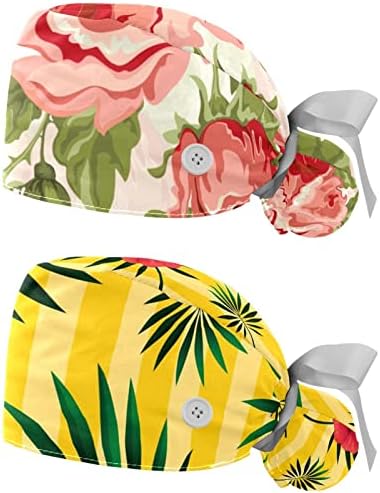 Çalışma Şapka Düğmeleri ve Kurdele Bağları Kadınlar için 2 ADET Gül Çiçek Ayarlanabilir Unisex Cerrahi Kapaklar Fırçalama