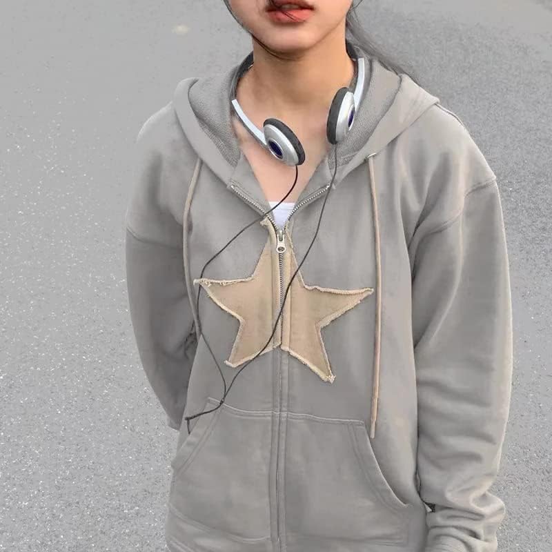 Kadın Y2k Hoodie Zip Up Grafik Kazak Hoodies Uzun Kollu Estetik Üstleri Grunge Yıldız Baskı Streetwear
