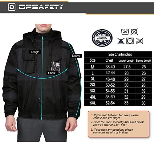 DPSAFETY güvenlik ceketi, Yansıtıcı yüksek Görünürlüklü Kapüşonlu ceket, Cepli ve Fermuarlı Hi-Vis Bomber Ceket