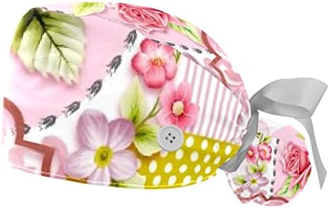 Çalışma Şapka Düğmeleri ve Kurdele Bağları Kadınlar için 2 Paket, Çiçek Çiçek Ayarlanabilir Unisex Cerrahi Kapaklar Fırçalama