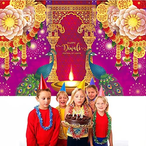Büyük Mutlu Diwali Afiş, 71x45 inç Tavuskuşu Fil Çiçek Fon, Tatil Kutlama Karşılama Afiş, Diwali Tema Tatlı Masa Zemin Süslemeleri-Tavuskuşu