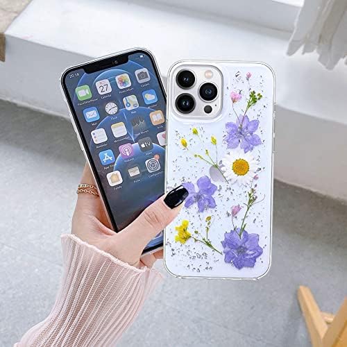 Abbery iPhone 13 Pro Max için Tasarlandı Preslenmiş Çiçek Kılıfı, Sevimli Bling Glitter Sparkle Tasarımlı Şeffaf Yumuşak