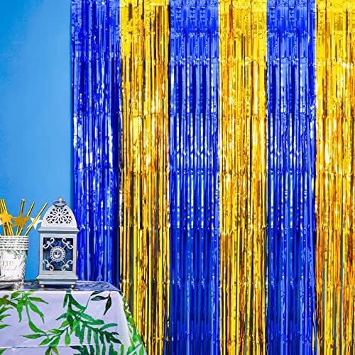 LOLStar Ramazan Kareem Folyo Saçak Perdeleri, Ev için Müslüman Ramazan Süslemeleri, 2 Paket 3.3 x 6.6 ft Mavi ve Altın Cicili