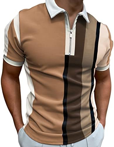 XXVR Erkek Casual polo gömlekler, Yaz Kısa Kollu Düzenli fit Fermuar Yaka Tee Üstleri Çizgili Patchwork İş Golf Gömlek