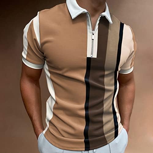 XXVR Erkek Casual polo gömlekler, Yaz Kısa Kollu Düzenli fit Fermuar Yaka Tee Üstleri Çizgili Patchwork İş Golf Gömlek