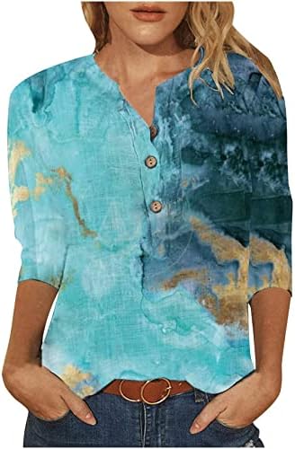Casual Düğme Aşağı Tişörtleri Bayan Yaz Sonbahar 3/4 Kollu Crewneck Henley Grafik Bluz T Shirt Bayanlar 2023