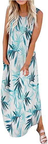 Oplxuo Rahat Gevşek Uzun Tank Elbiseler kadın Yaz Plaj Hawaii Sundress Kolsuz Crewneck Maxi Elbise Cepler ile
