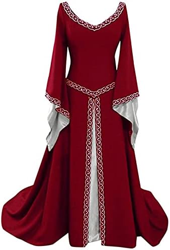 Rönesans Ortaçağ Elbise Kadınlar için Vintage Cadılar Bayramı Maxi Elbiseler Retro İrlandalı Köylü Kostüm Yarasa Kollu Balo