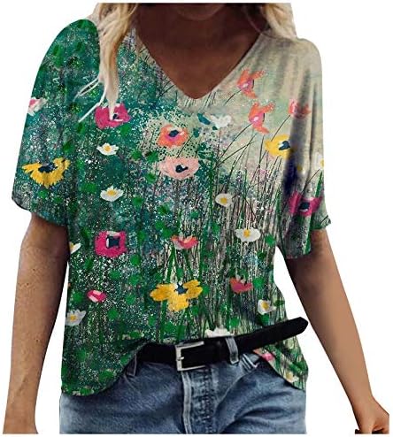 Kadın Yaz Üstleri Şık Rahat 2023 V Boyun Kısa Kollu Gömlek Çiçek Gevşek Fit Sevimli Gömlek Egzersiz Artı Boyutu Bluz