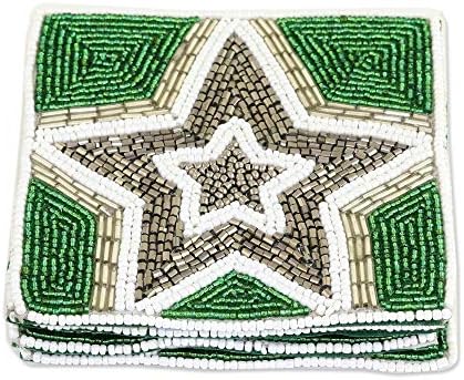 NOVİCA Yeşil ve Gri Cam Boncuklu Bardak Altlıkları, Göz Kamaştırıcı Yıldız '(4'lü Set)