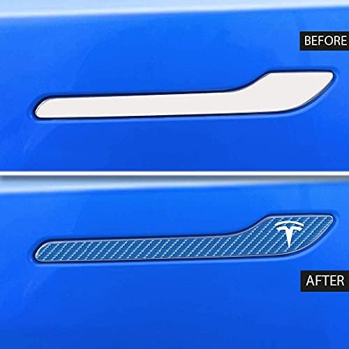 IPG Tesla Modeli 3 Kapı Kolu Çıkartması Wrap Kiti (4 set) Tesla logolu (Mavi Karbon Fiber)