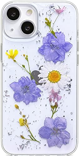 Abbery iPhone 14 için Tasarlanmış Preslenmiş Çiçek Kılıf Sevimli Temizle Kadınlar Kızlar için Tasarım ile Bling Glitter Sparkle
