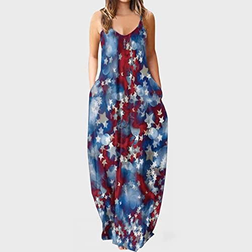 HCJKDU Bağımsızlık Günü Elbiseler Kadınlar için Spagetti Kayışı Kolsuz Amerikan Bayrağı Maxi Elbise Gevşek rahat elbise Cepler