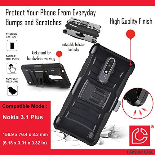Moriko Kılıf Nokia 3.1 ile Uyumlu Artı [Ağır Zırh Tam Vücut Damla Koruma Darbeye Kickstand Kemer Klip Kılıf Askeri Siyah