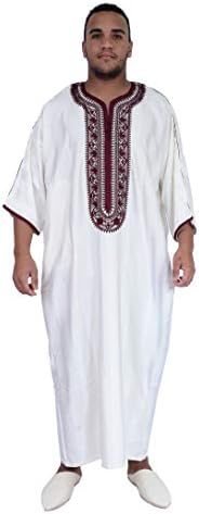 Faslı Erkekler Kaftan El Yapımı Thobe Uzun Elbise Narin Bordo Nakışlı Beyaz