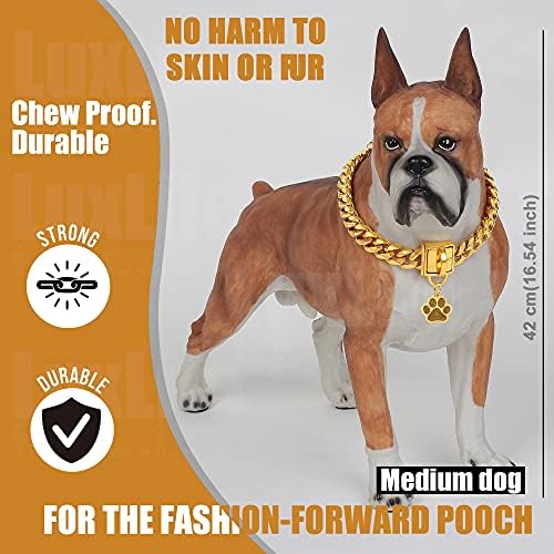 LuxLife Köpek Zinciri Tasmaları Altın Zincir Köpek Tasması Güvenli Geçmeli Tokalı 14mm Küba Bağlantılı Köpek Tasması 18K