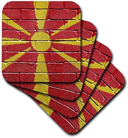 3dRose CST_156930_3 Makedonya Ulusal Bayrağı Bir Tuğla Duvara Boyanmış Makedon Seramik Karo Bardak Altlığı (4'lü Set)