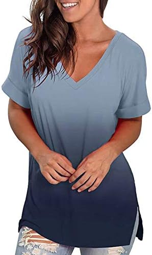 Bayan Kısa Kollu Üstleri, kadın V Boyun T Shirt Haddelenmiş Kısa Kollu Yan Bölünmüş Yaz Üstleri Şık Rahat Tunikler