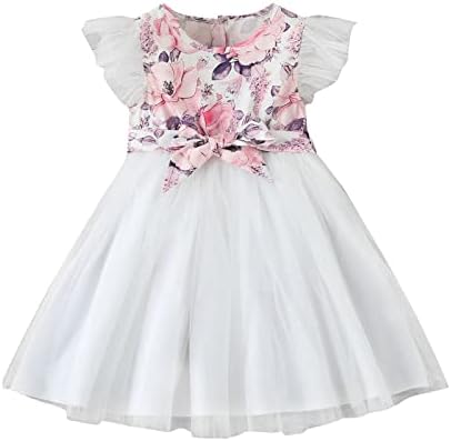 Yenidoğan Kız Elbise Çocuk Kız Toddler Plaj Çiçek Baskı Fly Kolsuz Bebek Örgü Tül Prenses Kız Elbise Elbise (Pembe, 5-6 Yıl)