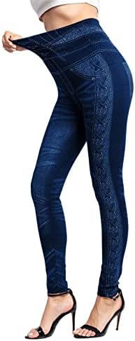 YALFJV Yoga Pantolon Yüksek Bel Kadınlar için Cepler ile Kadın Elastik Kot Tayt Termal Şerit Baskı Taklit Denim Tayt