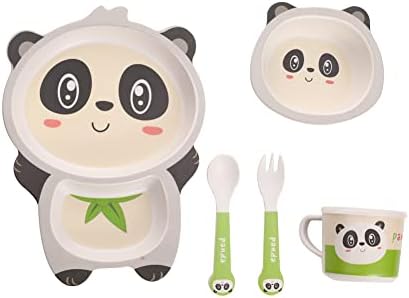 Fekdod Çocuk Yemek Takımı Seti Bambu 5 Adet Plaka Kase Fincan Çatal Kaşık (Panda)