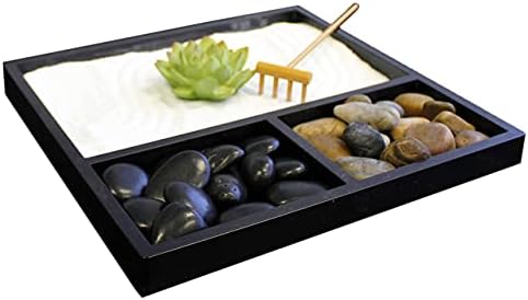 Tırmıklı Masa için Nature's Mark Mini Zen Bahçesi Seti, Beyaz Kum, Lotus Figürü, 3 Bölüm Siyah Kare Taban, Nehir Kayaları
